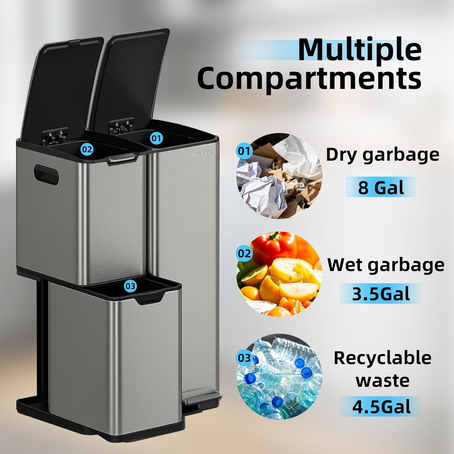 SortEase™ 60L 3-in-1 Recycling Bin